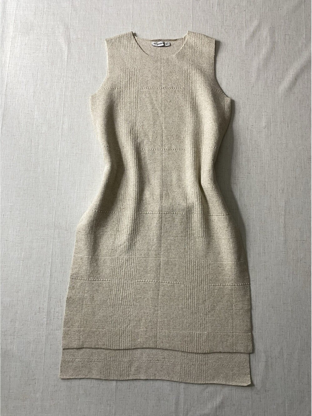 ZARA KNIT Sleeveless Midi Dress M Cream Beige Textured Slit Tank Quiet Luxury